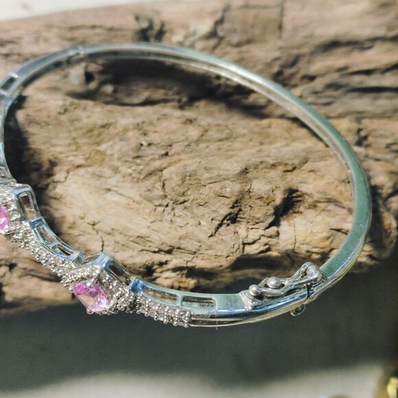 Pink Ruby Gemstone Bracelet Silver Plated Vintage Safety Hinged Prong Rhinestone - Picture 7 of 11